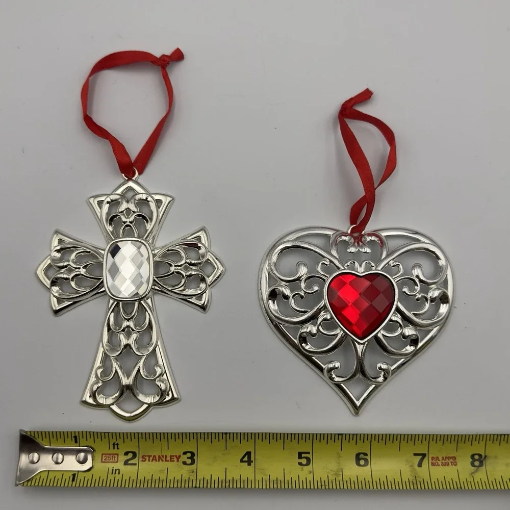 Lot Of 2 Large Lenox Silvertone Cross Heart Ornament Faceted‎ Clear Red Crystal